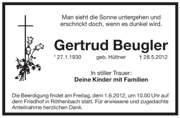 Traueranzeige von Gertrud Beugler von Pegnitz-Zeitung